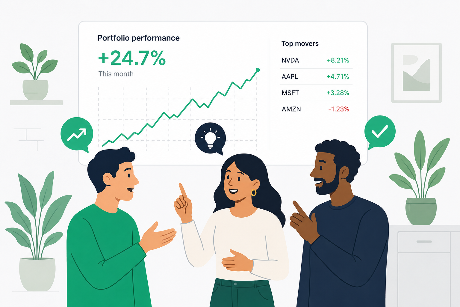 Friends sharing stock ideas and reviewing portfolio performance on Stockmates